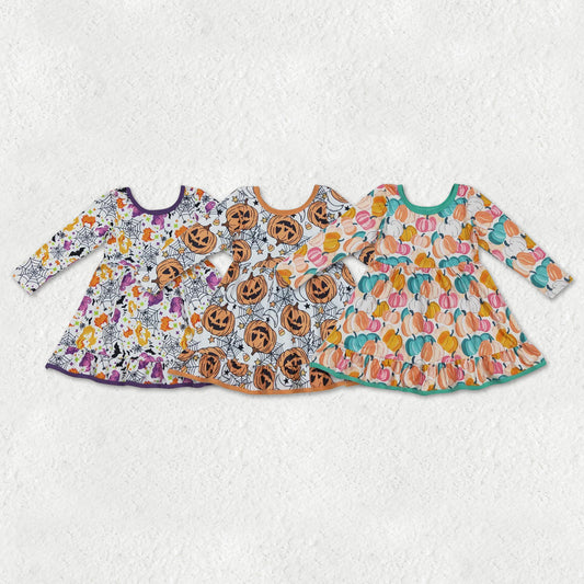Sibling Baby Girls Ghosts Pumpkins Halloween Fall Ruffle Knee Length Dresses
