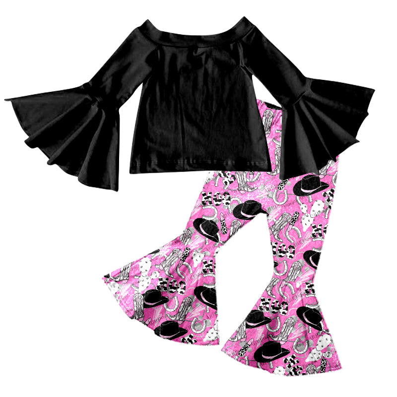 Baby Girls Western Black Top Boots Hats Bell Pants Clothes Sets preorder(moq 5)