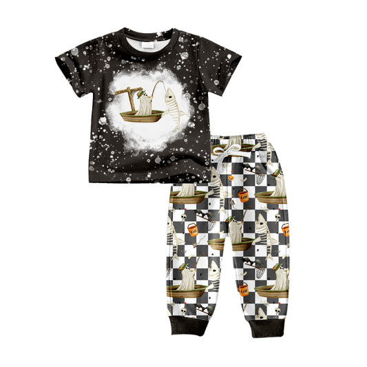 Baby Boys Halloween Ghost Fishing Top Shirt Pants Clothes Sets Preorder(moq 5)