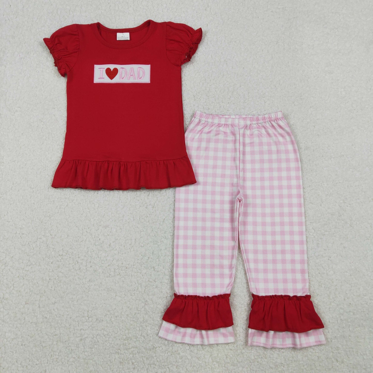 Embroidery I Love Dad Baby Girls Shirts Checked Ruffle Pants Clothes Sets