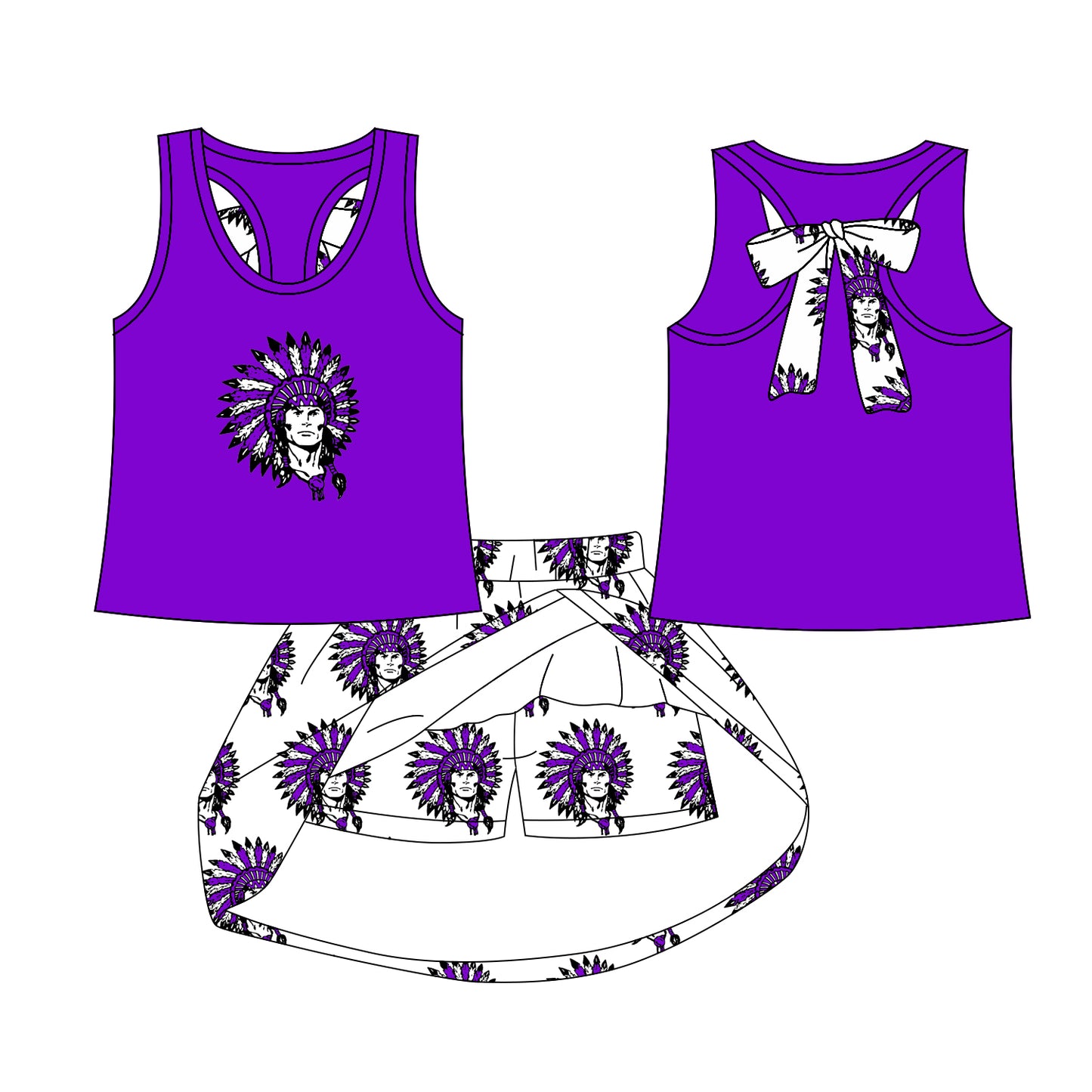 Preorder (moq 5)Baby Girls Purple Indians bow vest team Top Skirt Skort Sets