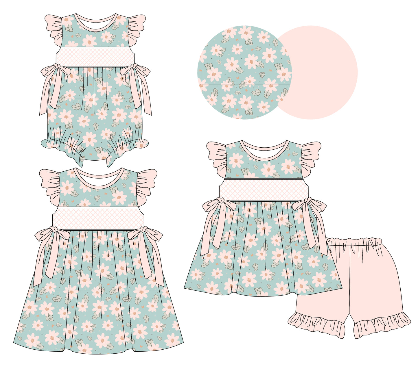 Preorder moq 5 Custom Baby Girls Peach Flutter Sleeves Floral Bows Tunic Ruffle Short Set Knee Length Dress Rompers