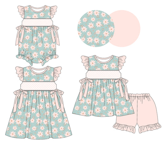 Preorder moq 5 Custom Baby Girls Peach Flutter Sleeves Floral Bows Tunic Ruffle Short Set Knee Length Dress Rompers