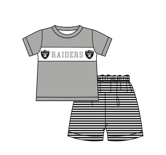 Preorder (moq 5)Baby Boys Grey Short Sleeve Raiders Top Stripe Shorts Team Clothes Sets