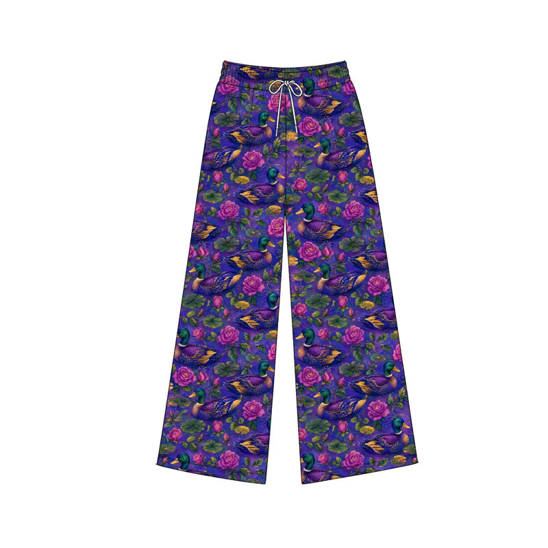 Preorder (moq 5) Baby Girl Purple Duck Rose Floral Print Long Drawstring Wide Leg Pants
