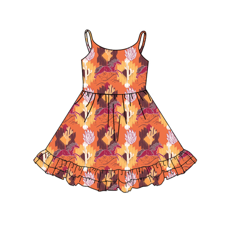 Preorder (moq 5)Baby Girls Orange Strap Aztec Cactus Knee Length Dresses