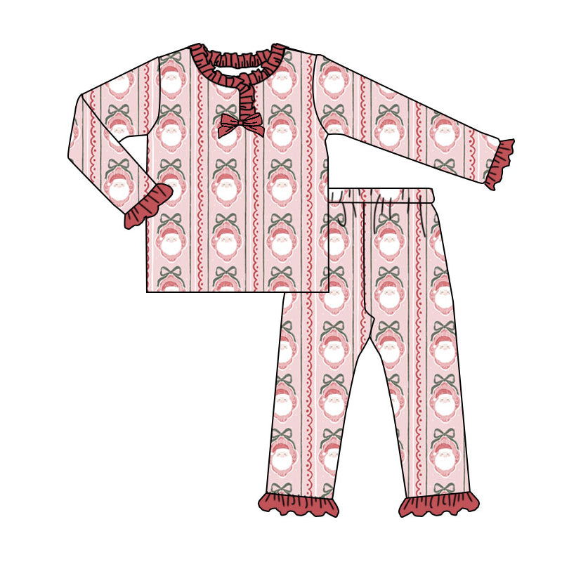 Preorder (moq 5)Baby Girls Red Santa Bows Stripe Ruffle Pants Christmas Pajamas Sets