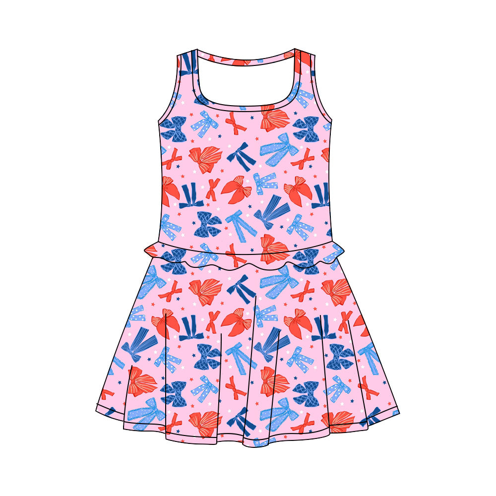 Preorder (moq 5)Baby Girls Red Blue Stars Bows 4th of July Knee Length Dresses