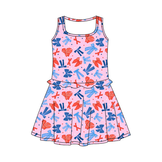 Preorder (moq 5)Baby Girls Red Blue Stars Bows 4th of July Knee Length Dresses