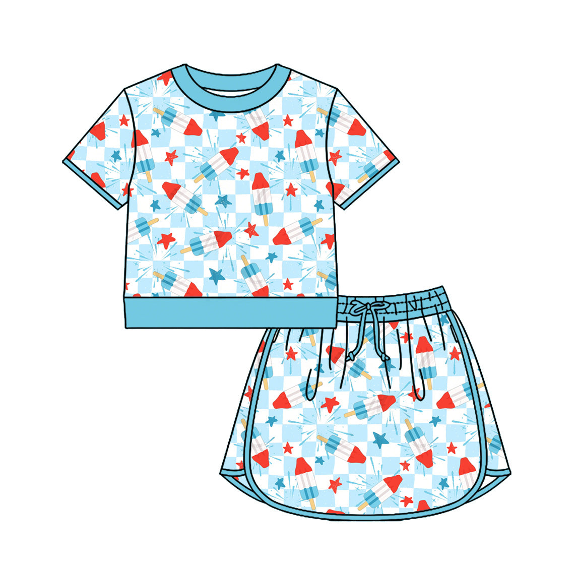 Preorder (moq 5)Baby Girls Red Blue Popsicle Stars Top Skirt Shorts 4th of July Clothes Sets