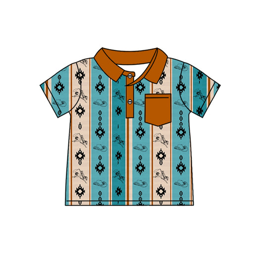 Preorder(MOQ 5)Baby Boys Western Aztec Rodeo Pocket Short Sleeve Pullovers Tops