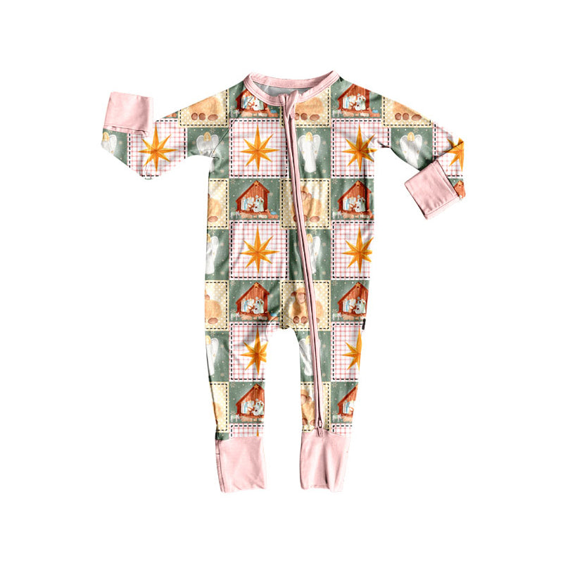 Preorder(moq 5)Baby Girls Pink Plaid Nativity Christmas Zipper Footie Rompers