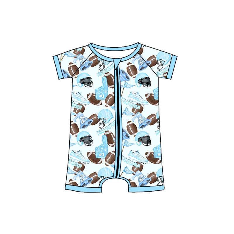 Preorder (moq 5)Baby Boys Blue Short Sleeves Footballs Flags Zipper Rompers