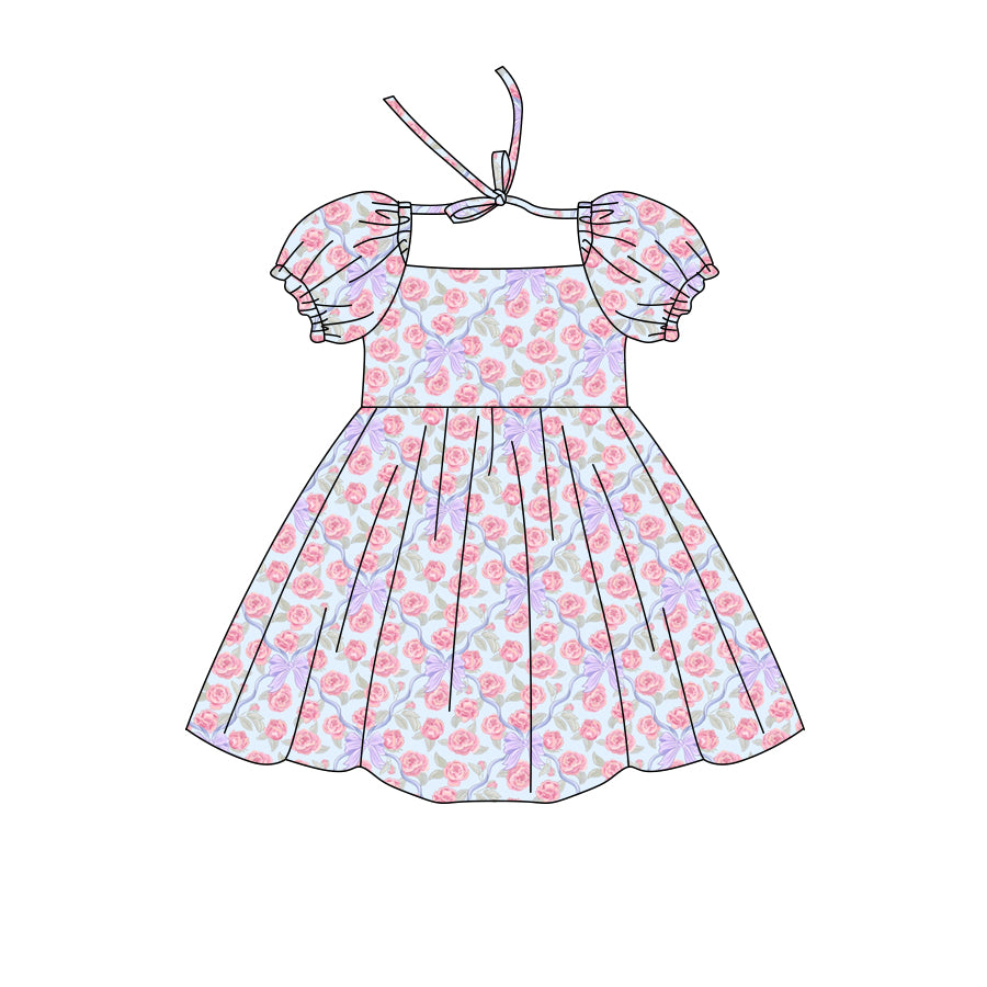 Preorder (moq 5)Baby Girls Short Ruffle Sleeve Flower Bows Checked Knee Length Dresses