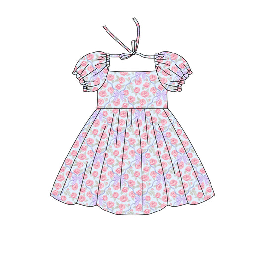 Preorder (moq 5)Baby Girls Short Ruffle Sleeve Flower Bows Checked Knee Length Dresses