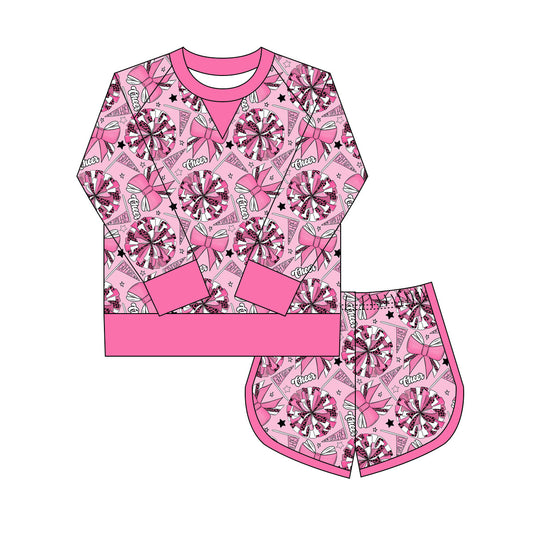 Preorder(moq 8)Baby Girls Pink Bows Go Footballs Long Sleeve Top Shorts Team Clothes Set