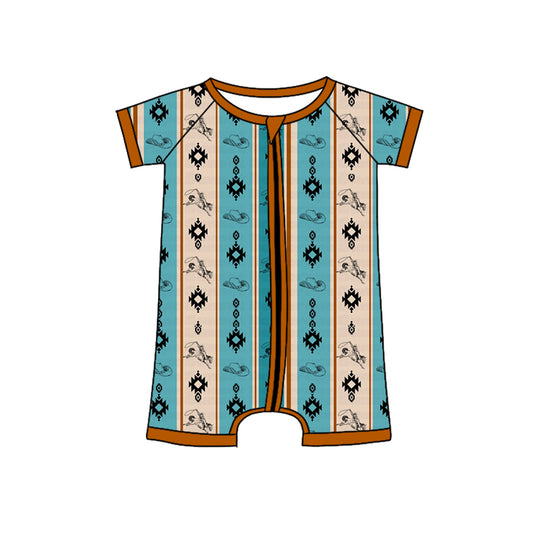 Preorder(moq 5)Baby Infant Boys Western Aztec Rodeo Zip Short Sleeve Rompers