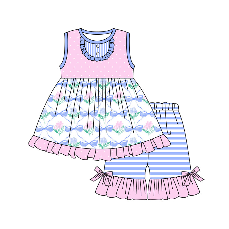 Preorder (moq 5)Baby Girls Flowers Bows Tunic Top Shorts Clothes Sets