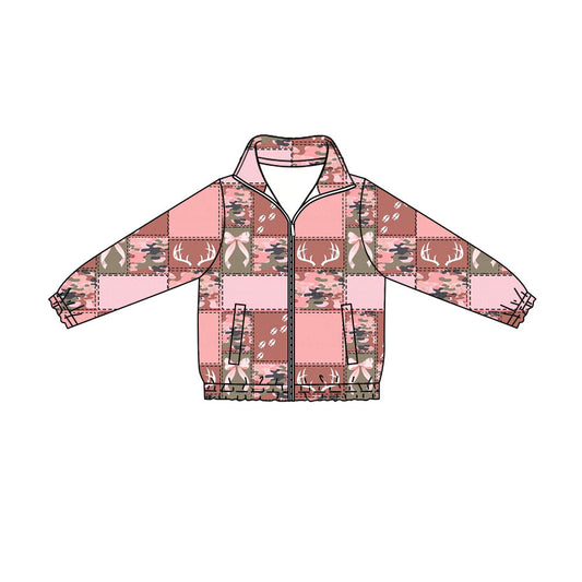 Preorder (moq 5)Baby Girls Pink Bows Deer Camo Hunting Zip Pockets Jackets Top