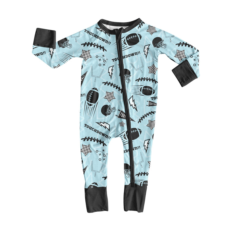 Preorder (moq 5)Baby Boys Blue Footballs Stars Team Zipper Footie Rompers