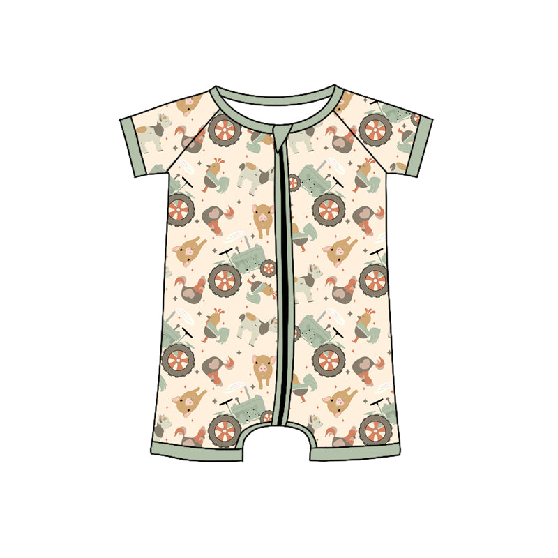 Preorder (moq 5)Baby Boys Green Short Sleeves Chicks Pigs Farm Zipper Rompers