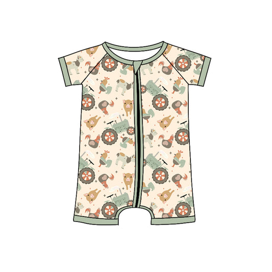 Preorder (moq 5)Baby Boys Green Short Sleeves Chicks Pigs Farm Zipper Rompers
