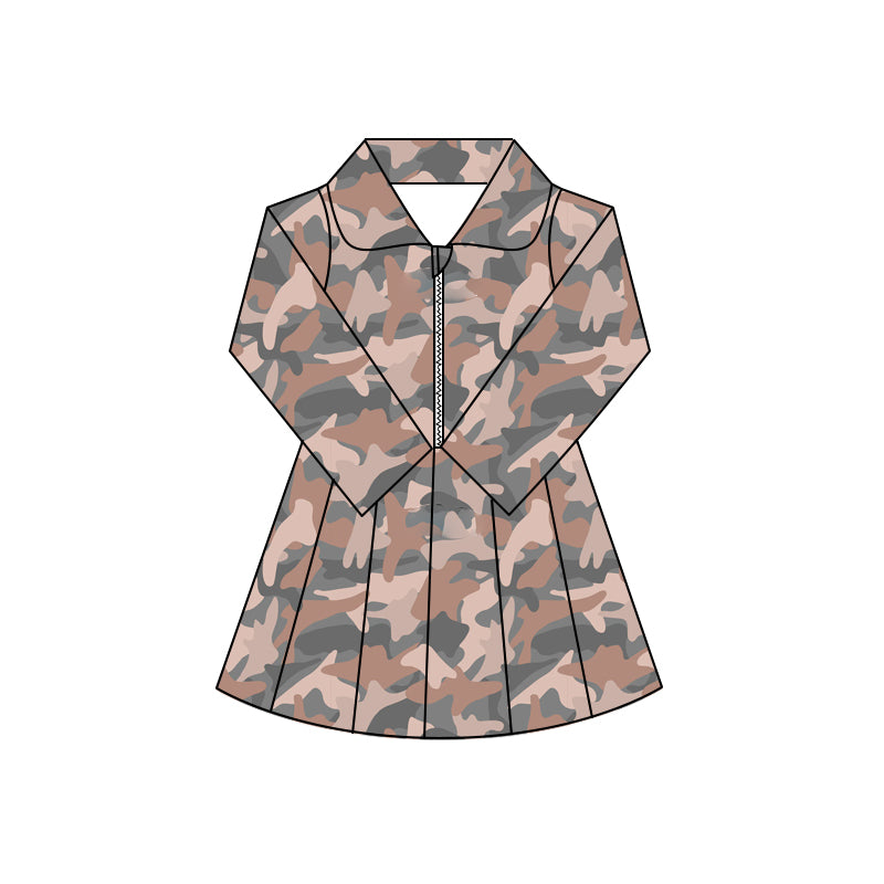 Preorder (moq 5)Baby Girls Long Sleeves Pink Ducks Dogs Camo Zipper Knee Length Dresses