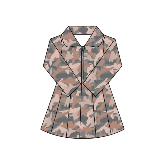 Preorder (moq 5)Baby Girls Long Sleeves Pink Ducks Dogs Camo Zipper Knee Length Dresses