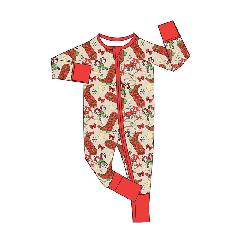 Preorder (moq 5)Baby Kids Long Sleeves Red Boots Candy Cane Zipper Rompers