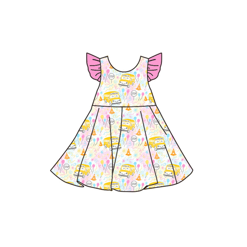 Preorder (moq 5)Baby Girls Pink Flutter Sleeves School Bus Balloons Knee Length Dresses