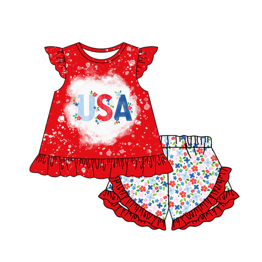 Preorder (moq 5)Baby Girls Flowers USA Tunic Ruffle Shorts 4th of July Clothes Set