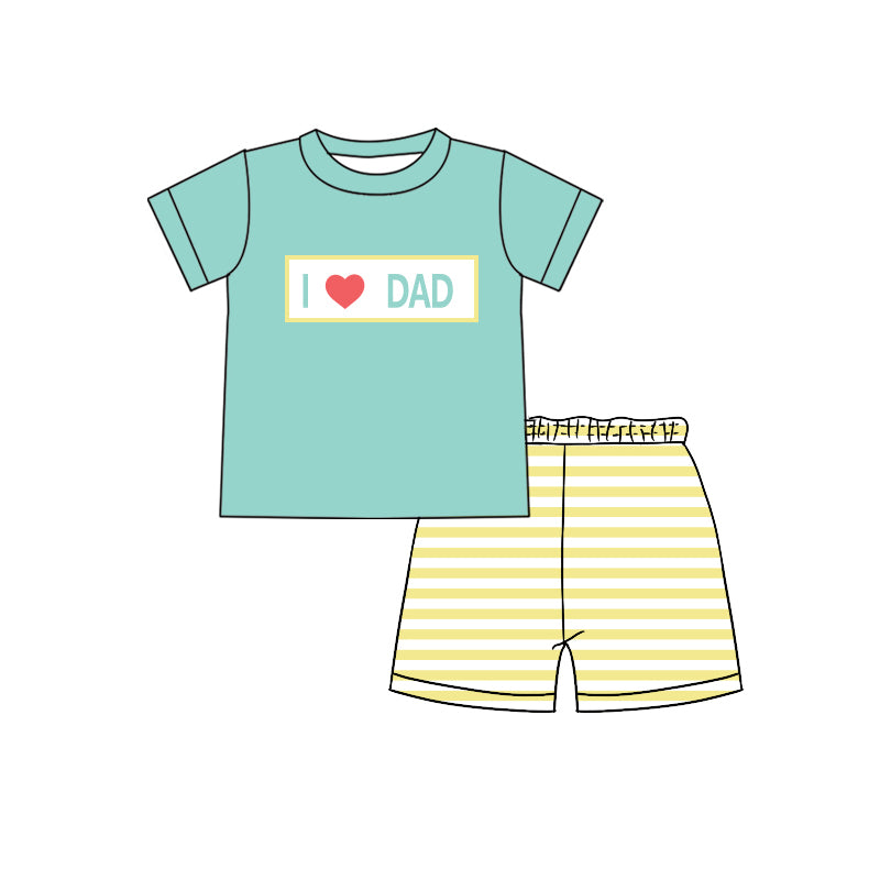 Preorder (moq 5)Baby Boys Aqua Short Sleeves I LOVE DAD Top Yellow Stripes Short Sets