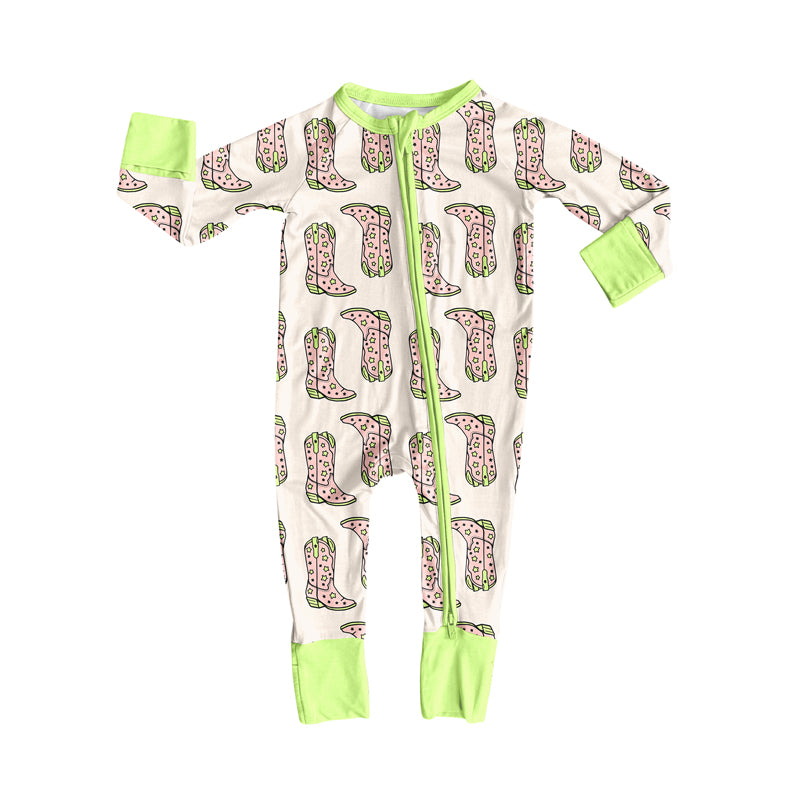 Preorder (moq 5)Baby Boys Green Stars Boots Western Two Way Zip Convertible Rompers