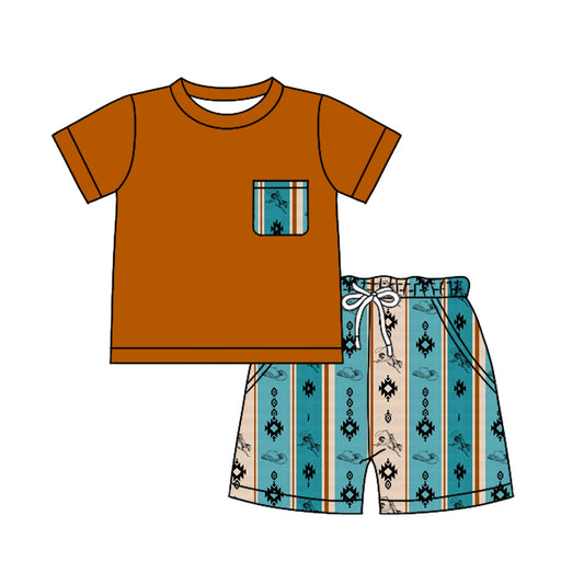 Preorder (moq 5)Baby Boys Western Aztec Rodeo Pocket Top Rabbits Shorts Clothes Sets