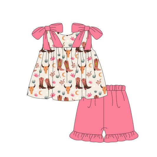 Preorder (moq 5)Baby Girls Western Boots Cow Tunic Ruffle Shorts Clothes Sets