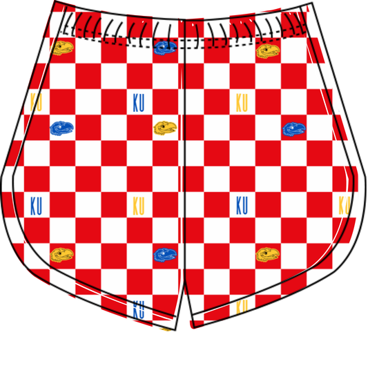 Preorder (moq 5)Baby Girls White Red Checked KU Team Shorts Bottoms