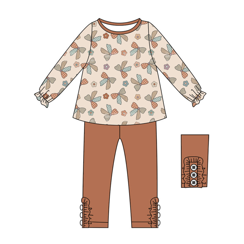 Preorder (moq 5)Baby Girls Brown Long Ruffle Sleeves Bows Flowers Tunic Legging Pant Sets