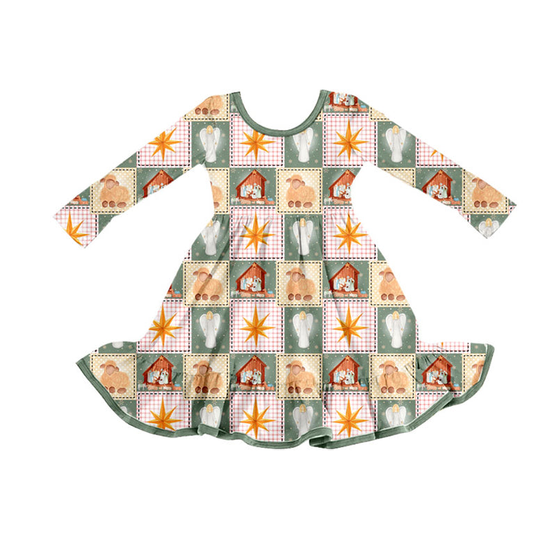 Preorder (moq 5)Baby Girls Green Plaid Nativity Christmas Ruffle Knee Length Dresses