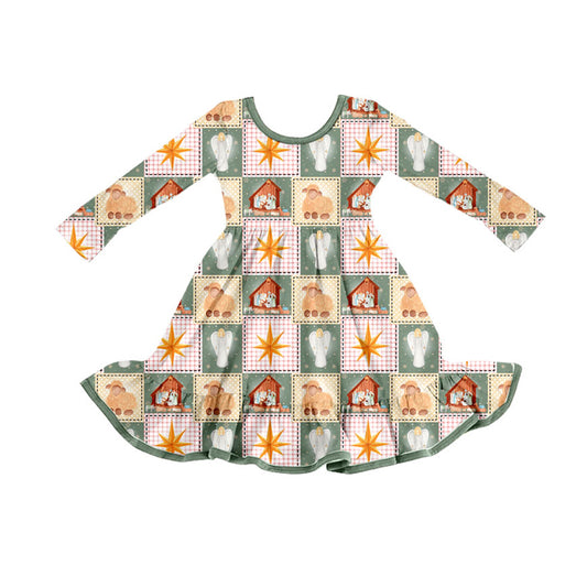 Preorder (moq 5)Baby Girls Green Plaid Nativity Christmas Ruffle Knee Length Dresses
