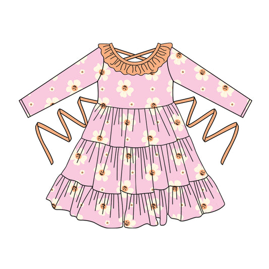 Preorder moq 5 Baby Girls Pink Long Sleeves Smiles Flowers With Belt Ruffle Knee Length Dresses
