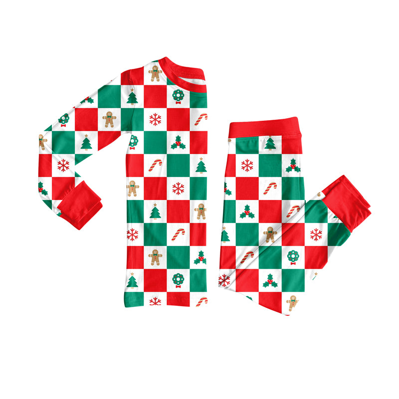 Preorder (moq 5)Baby Girls Long Sleeves Red Green Plaid Gingerbread Candy Cane Top Pant Pajamas Set
