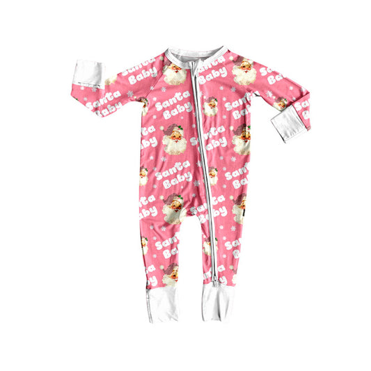 Preorder (moq 20)Baby Girls Bamboo Pink Santa Babe Snowflake Christmas Zippy Footie Rompers