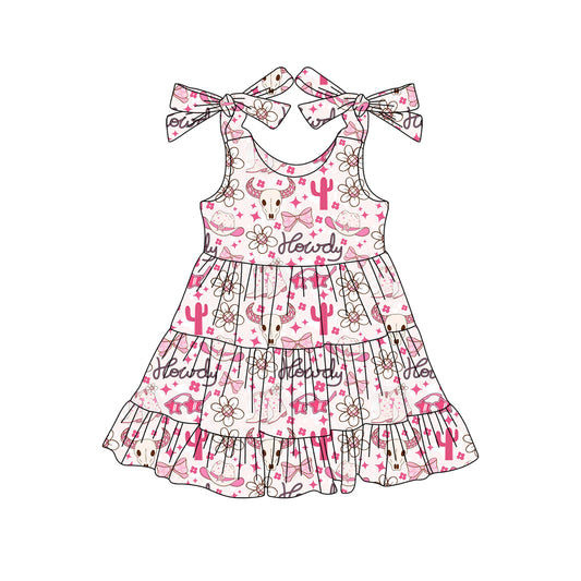 Preorder (moq 5)Baby Girls Bows Strap Bull Skull Flowers Howdy Ruffle Knee Length Dresses