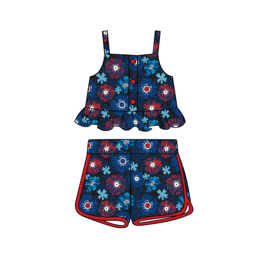 Preorder (moq 5)Baby Girls 4th Of July Flowers Straps Top Shorts Clothes Sets