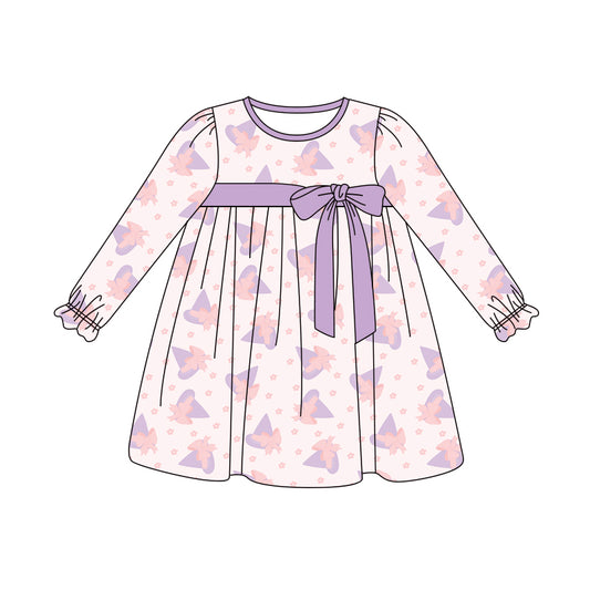 Preorder (moq 5)Baby Girls Long Ruffle Sleeves Lavender Magic Hats Stars Knee Length Dresses