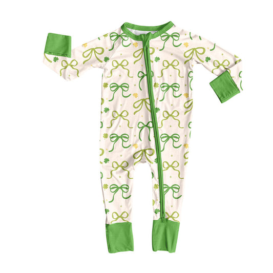 Preorder (moq 5)Baby Girls Green Bows Clovers St Patrick Zipper Footie Rompers