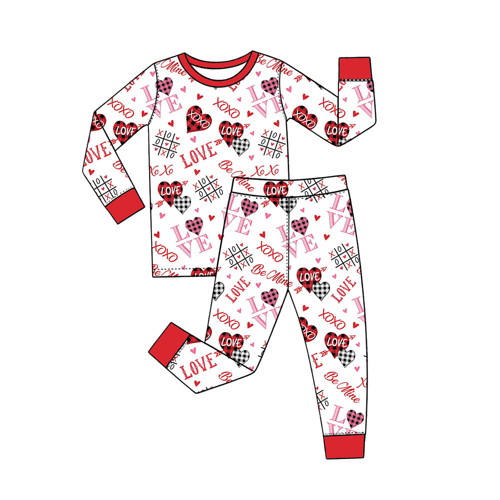 Preorder (moq 5) Baby Girl Clothes Valentine Love XOXO Buffalo Plaid Heart Print Long Sleeve Pajama Set