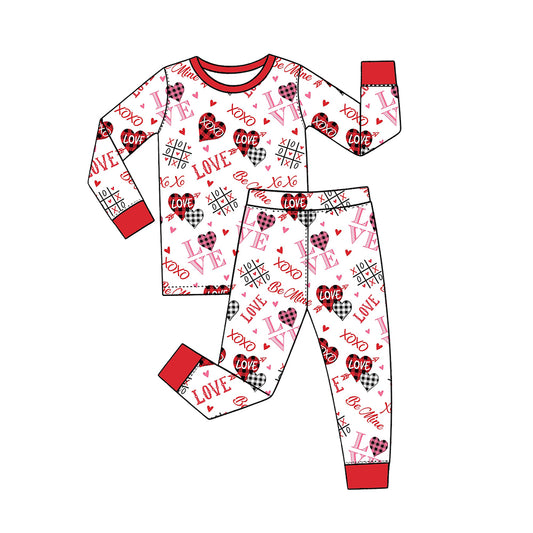 Preorder (moq 5) Baby Girl Clothes Valentine Love XOXO Buffalo Plaid Heart Print Long Sleeve Pajama Set