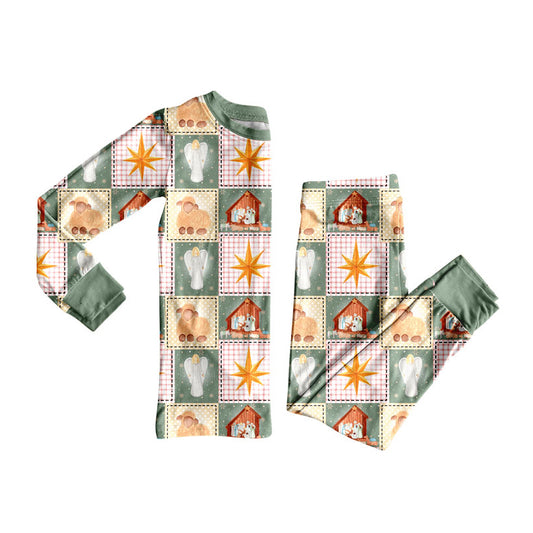 Preorder (moq 5)Baby Girls Green Plaid Nativity Top Pants Christmas Pajamas Clothes Set