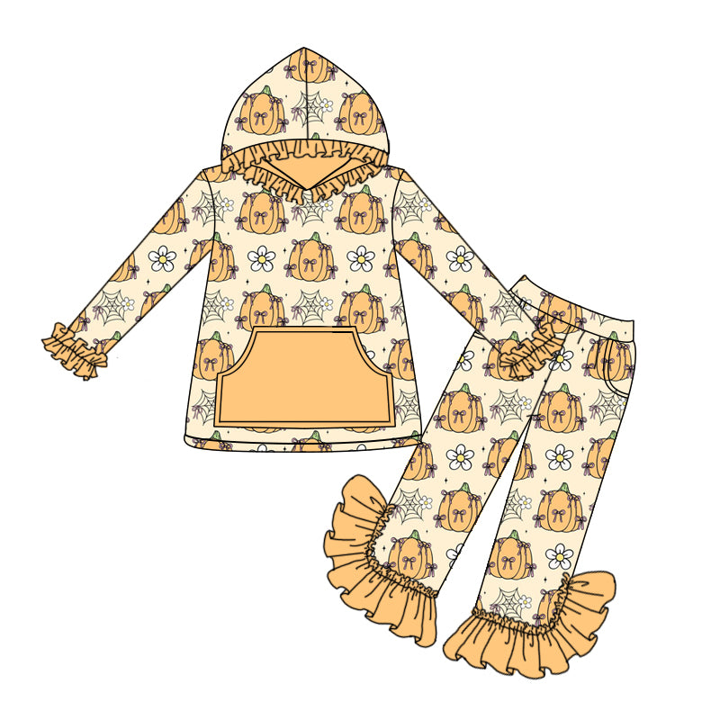 Preorder (moq 5)Baby Girls Yellow Long Ruffle Sleeves Pumpkins Flowers Pocket Hoodies Pant Set